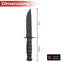 Black knife with measurements on a white background, featuring the Medieval Depot logo.