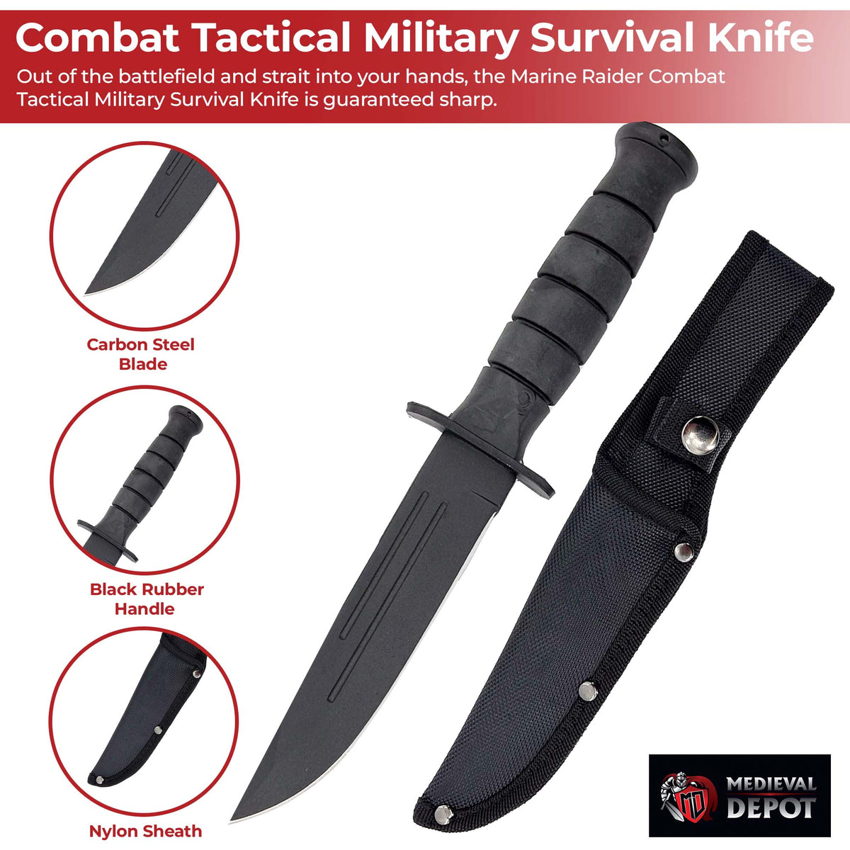 Combat Tactical Military Survival Knife with features highlighted on a white background