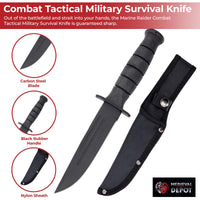 Combat Tactical Military Survival Knife with features highlighted on a white background