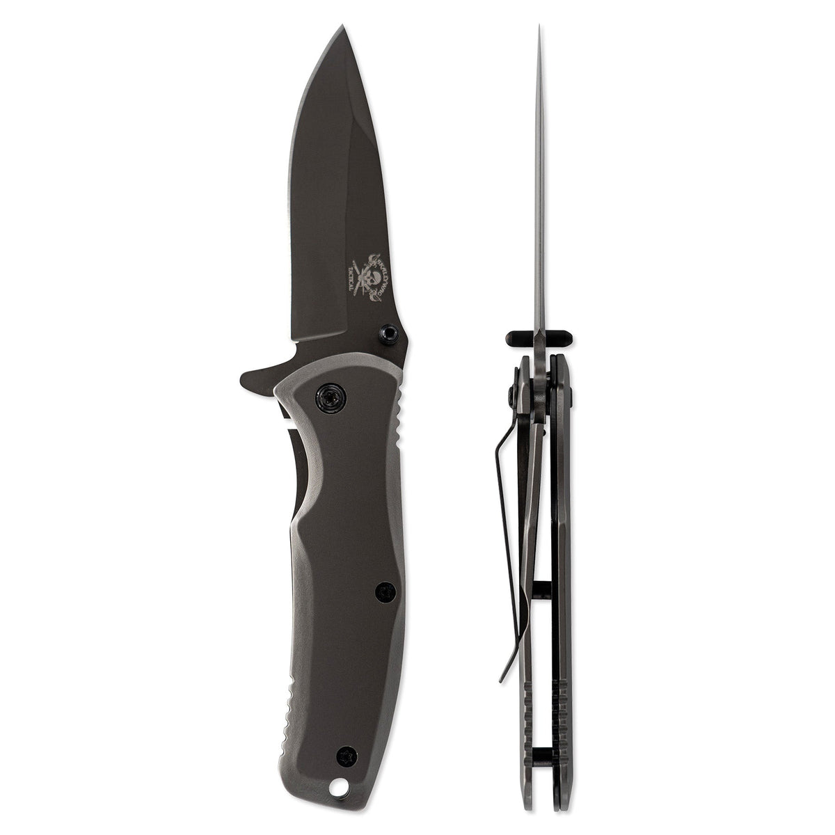 Black folding knife with open blade on a white background