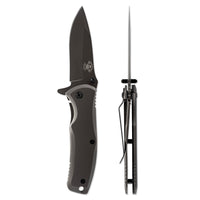 Black folding knife with open blade on a white background