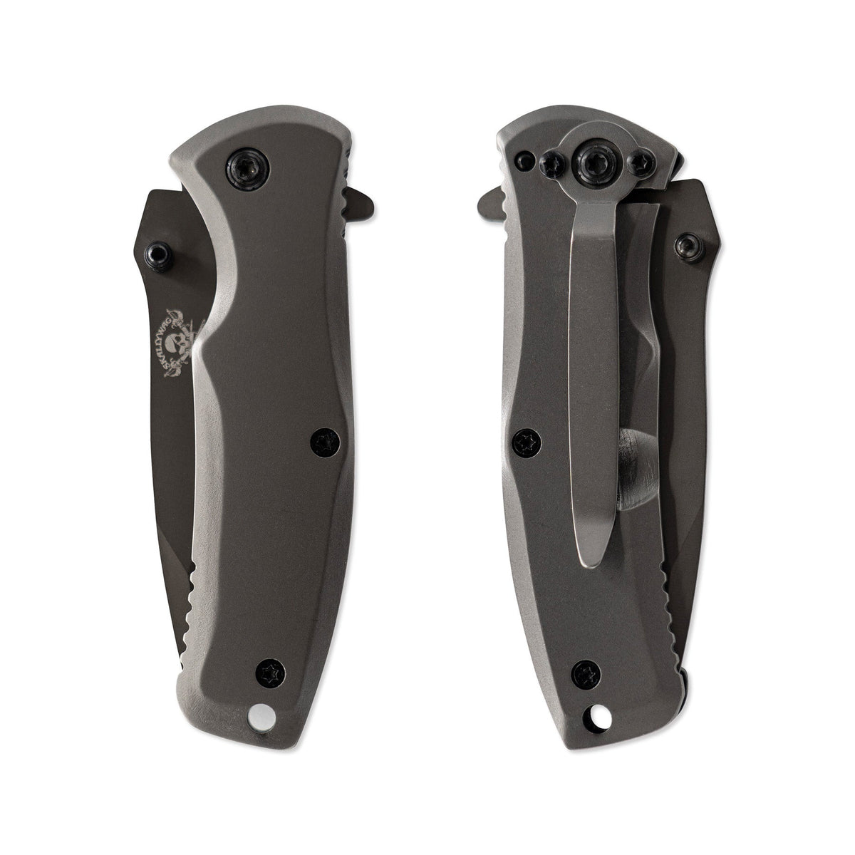 Two folding knives with black handles and silver blades on a white background