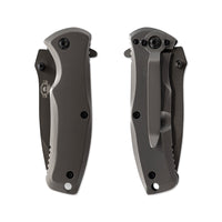 Two folding knives with black handles and silver blades on a white background