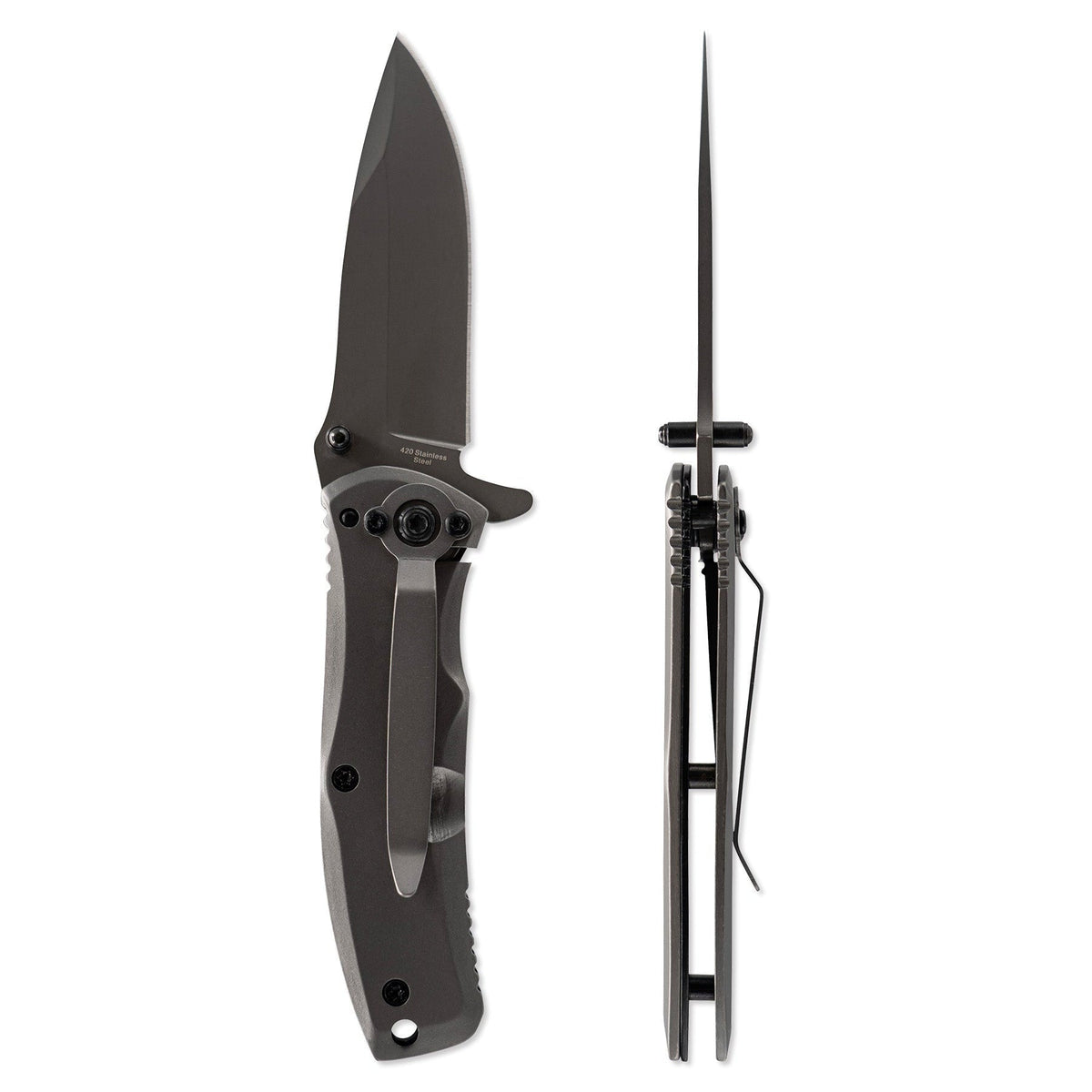 Folding knife with open blade on a white background