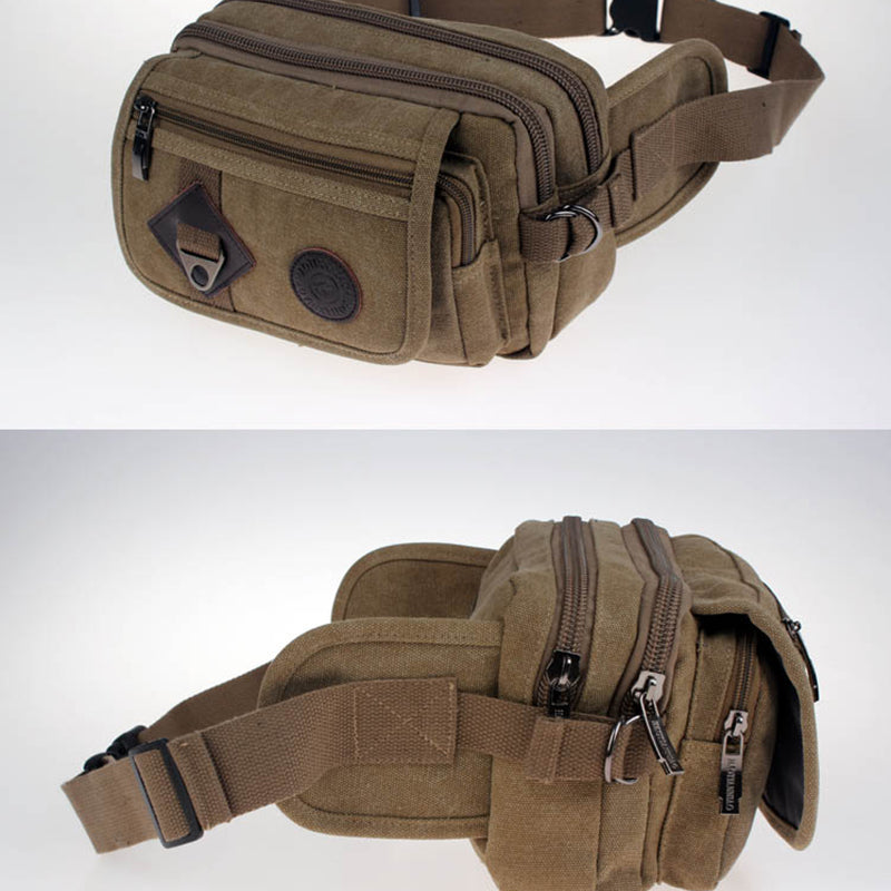Brown waist bag with multiple zippers on a white background
