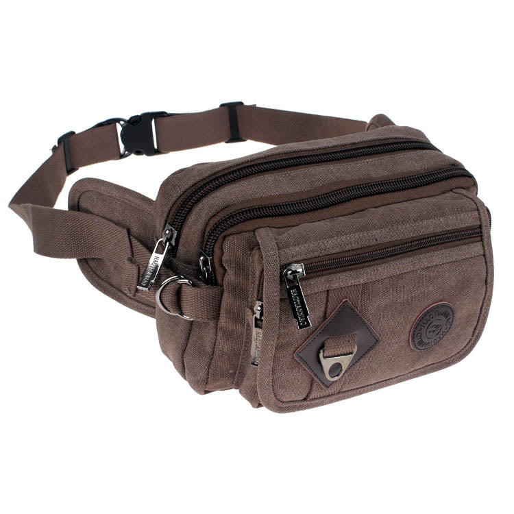 Brown waist bag with multiple zippers on a white background
