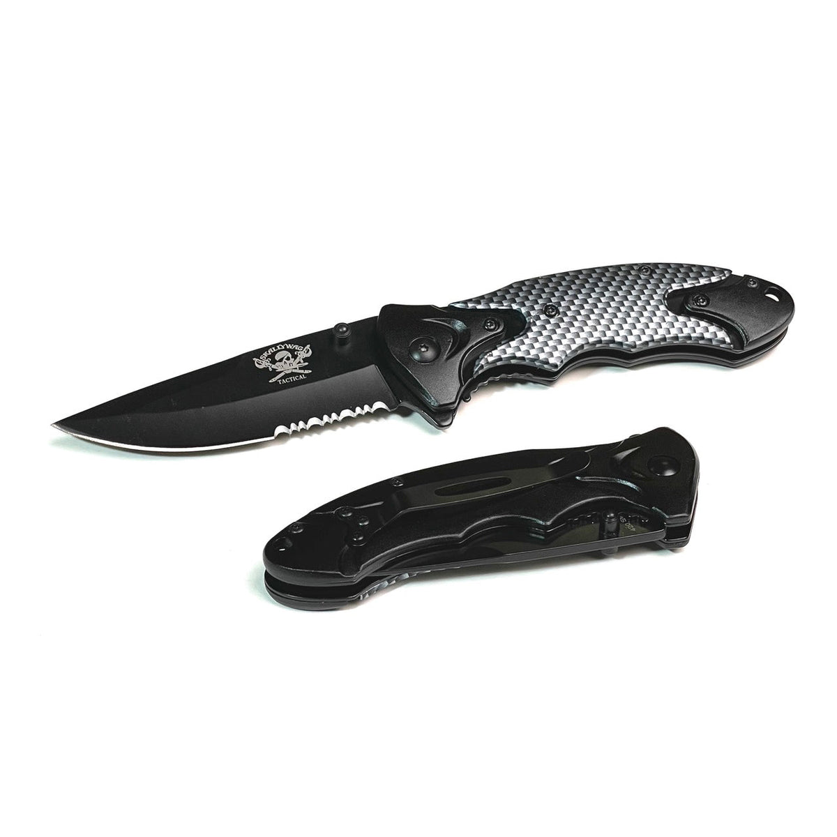 Folding knife with open blade and black handle on a white background