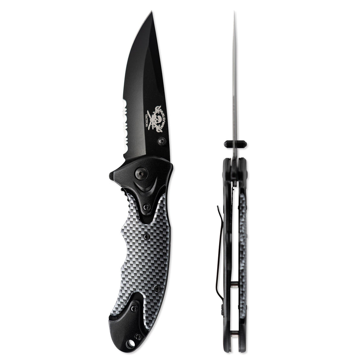 Black folding knife with a textured handle on a white background