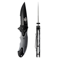 Black folding knife with a textured handle on a white background