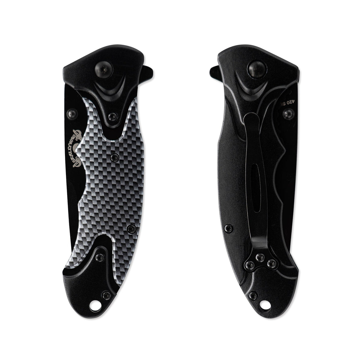 Two black folding knives with one having a carbon fiber pattern on a white background