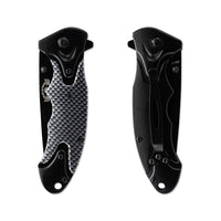 Two black folding knives with one having a carbon fiber pattern on a white background