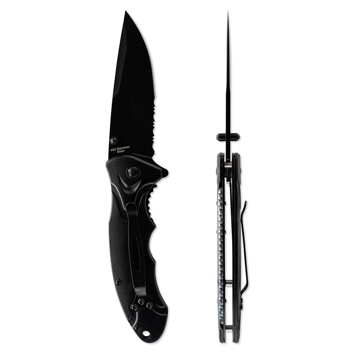 Black folding knife with open blade on a white background