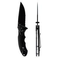 Black folding knife with open blade on a white background