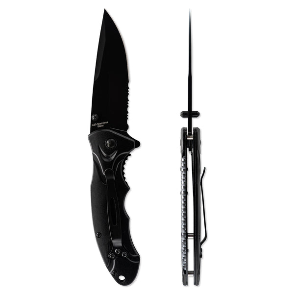 Black folding knife with open blade on a white background