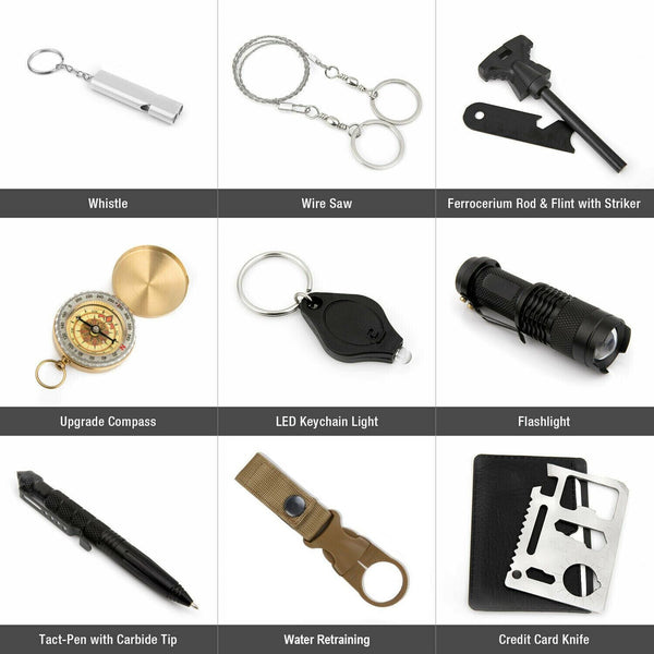 Collection of survival tools including a whistle, wire saw, ferrocerium rod, flashlight, upgrade compass, LED keychain light, tact-pen, water retraining, and credit card knife on a white background.