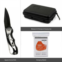 Upgrade survival knife, waterproof & shockproof carrying case, and emergency blanket packaging on a white background.