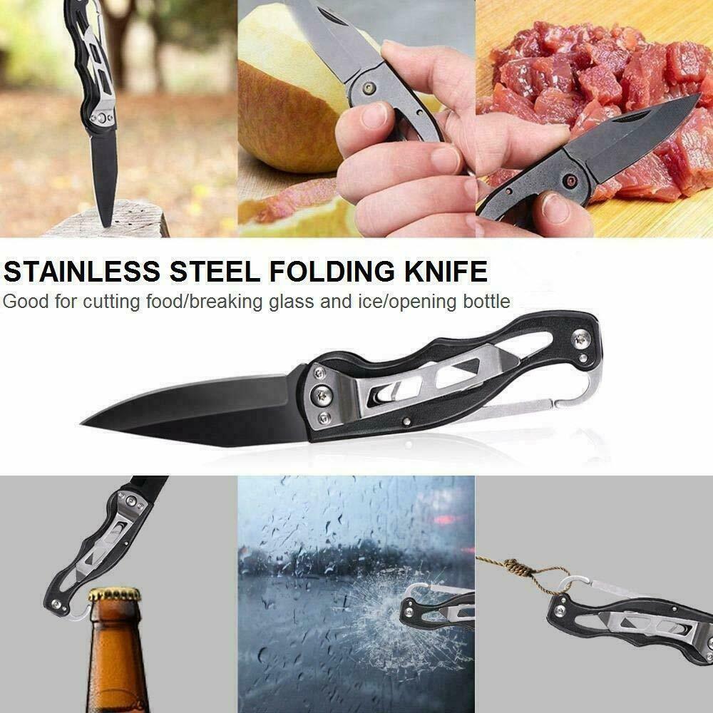 Stainless steel folding knife with various uses on a white background