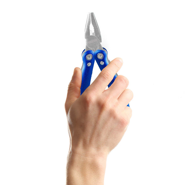 Hand holding a blue plier against a white background