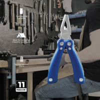 Blue multi-tool with text on a workshop background