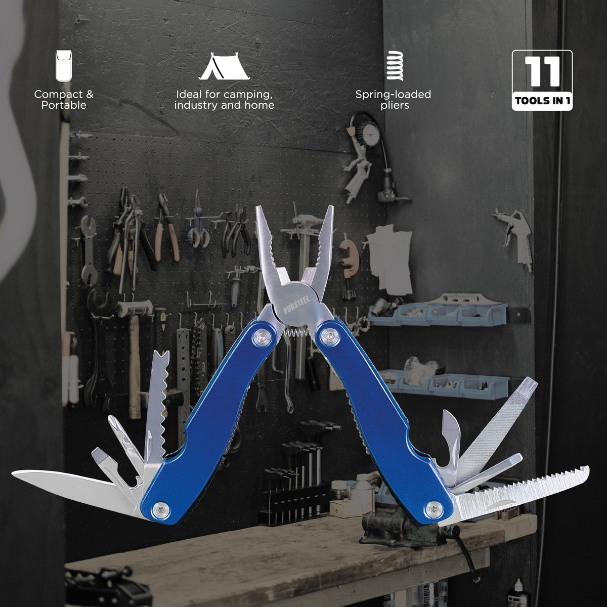 Multitool with various tools on a workshop background