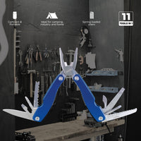 Multitool with various tools on a workshop background