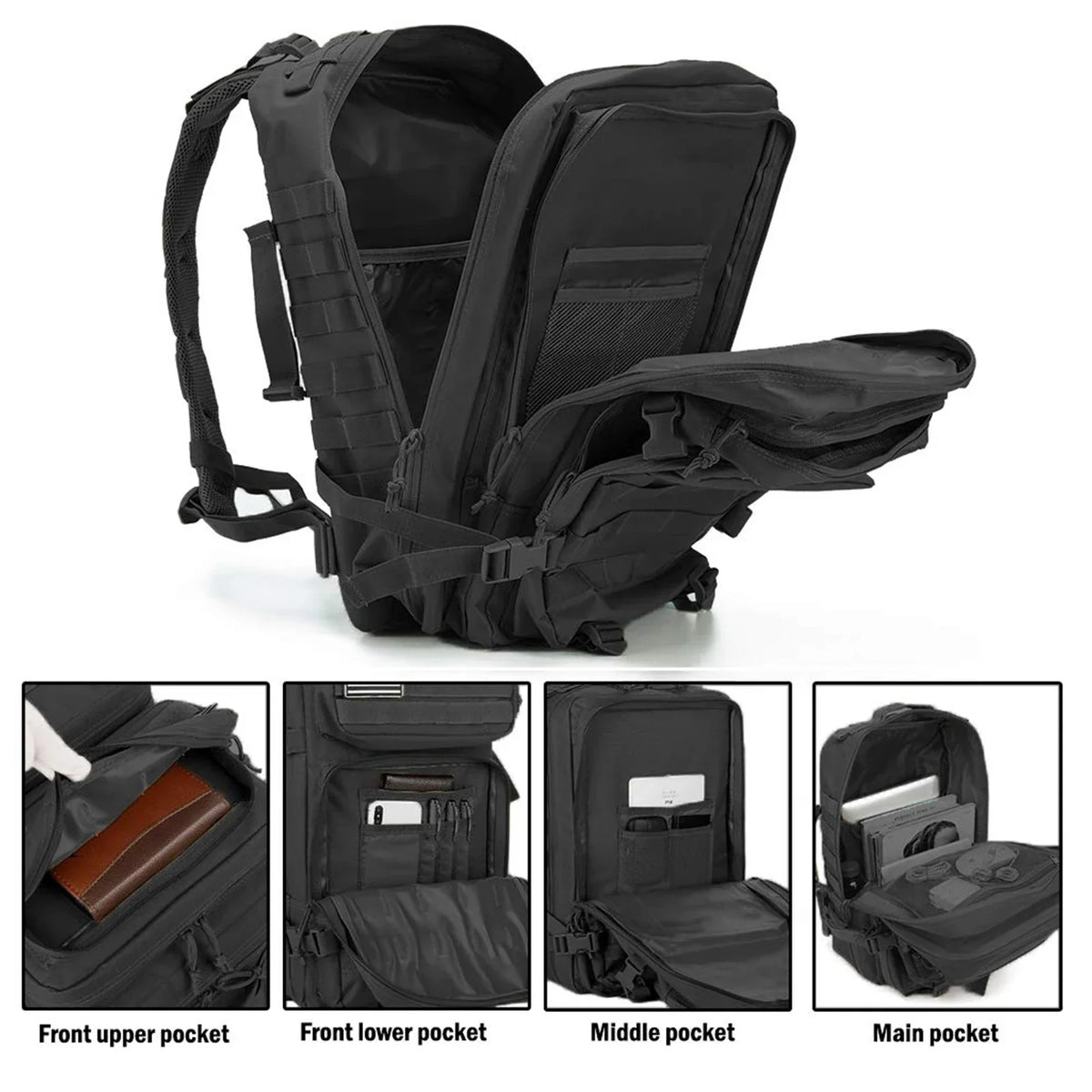 Black tactical backpack with multiple pockets on a white background