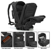Black tactical backpack with multiple pockets on a white background