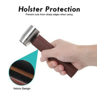 Hand holding a tool with a brown holster, emphasizing protection against sharp edges.