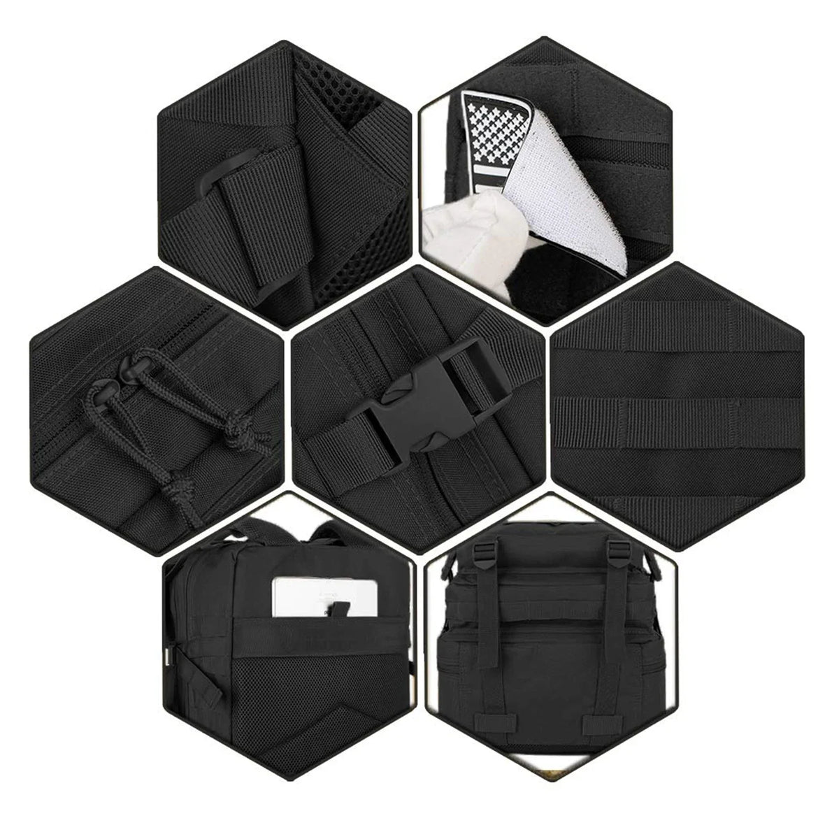 Black tactical pouches displayed in a hexagonal grid on a white background
