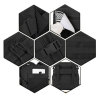 Black tactical pouches displayed in a hexagonal grid on a white background