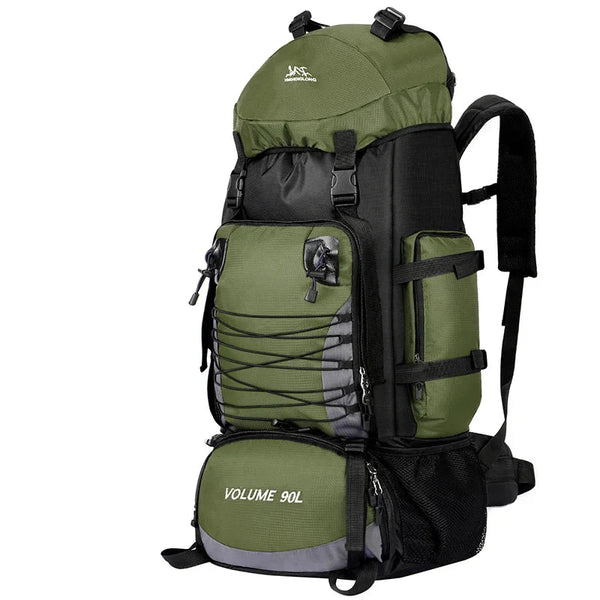 Green and black hiking backpack with volume 90L label on a white background