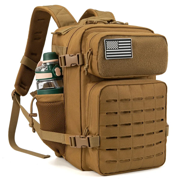 Tan tactical backpack with American flag patch on a white background