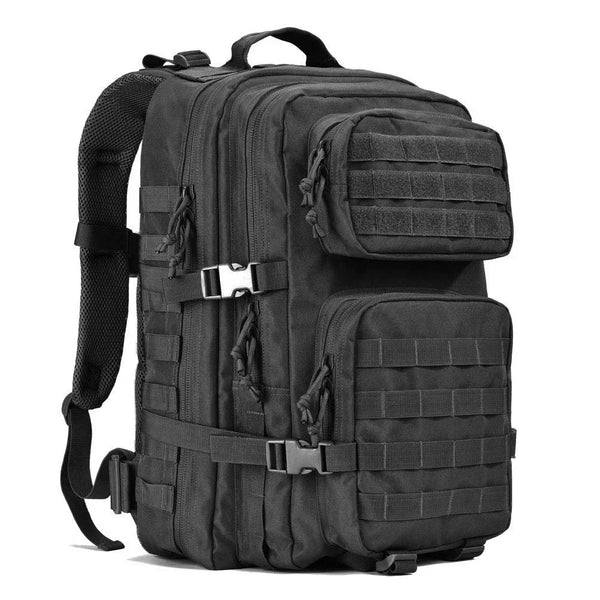Black tactical backpack on a white background