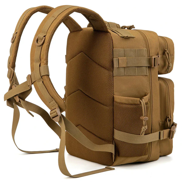Brown tactical backpack on a white background