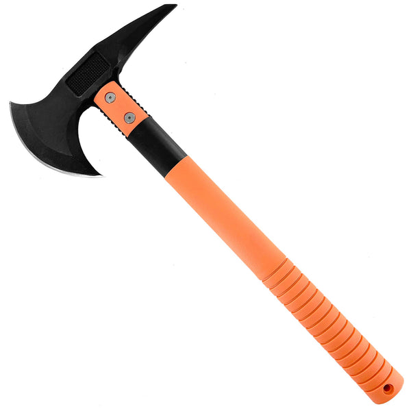 Hatchet with orange handle and black head on a white background