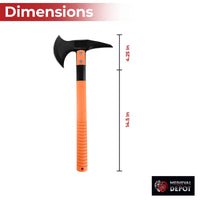 Orange axe with black head and measurements on a white background, featuring 'Medieval Depot' logo.
