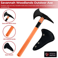 Savannah Woodlands Outdoor Axe with features highlighted on a white background
