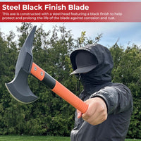 Person holding a large axe with a black finish blade in an outdoor setting
