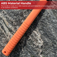 Orange ABS material handle on a textured surface with text about its features.