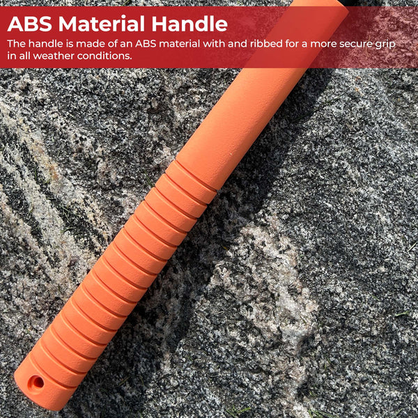 Orange ABS material handle on a textured surface with text about its features.