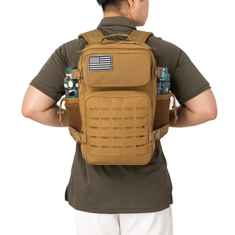Person wearing a tan tactical backpack with American flag patch on a white background