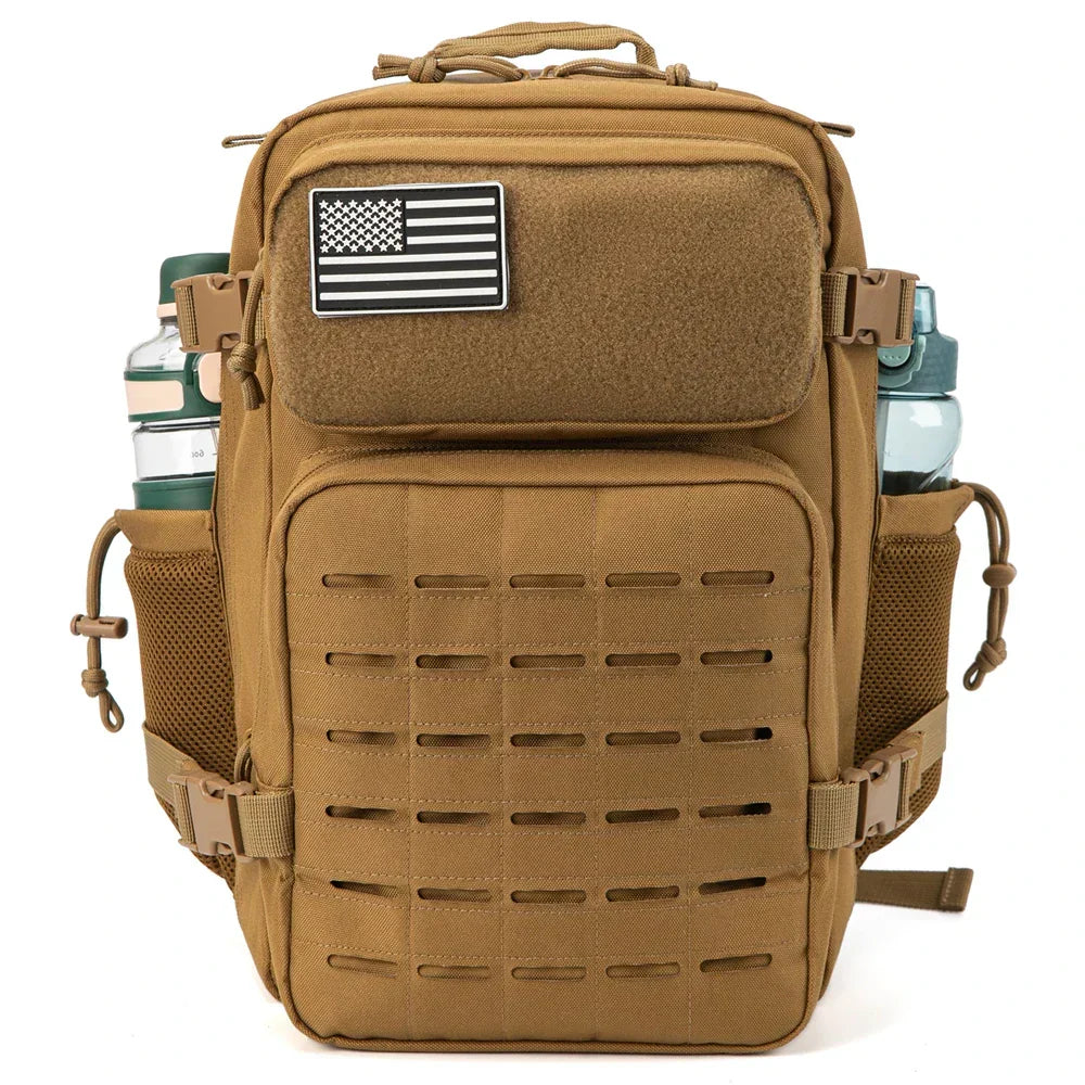 Tan tactical backpack with American flag patch on a white background