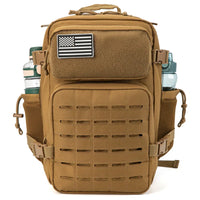Tan tactical backpack with American flag patch on a white background