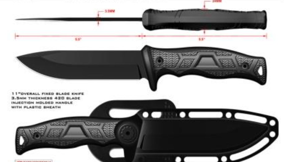 Black fixed blade knife with measurements on a white background
