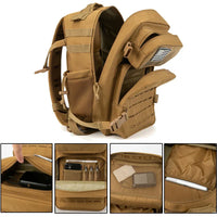 Tan backpack with multiple compartments and features on a white background