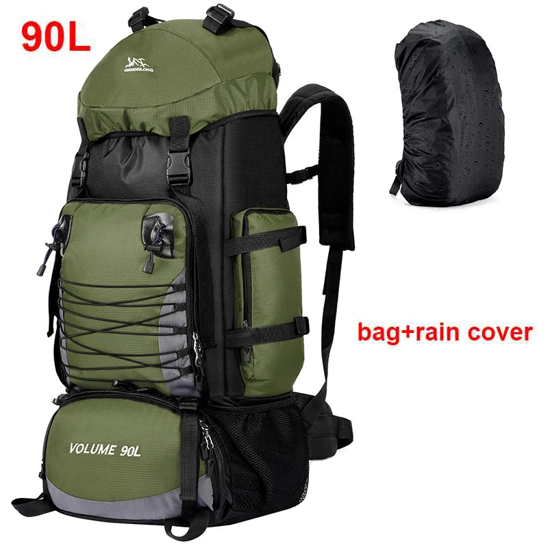 Green hiking backpack with rain cover on a white background