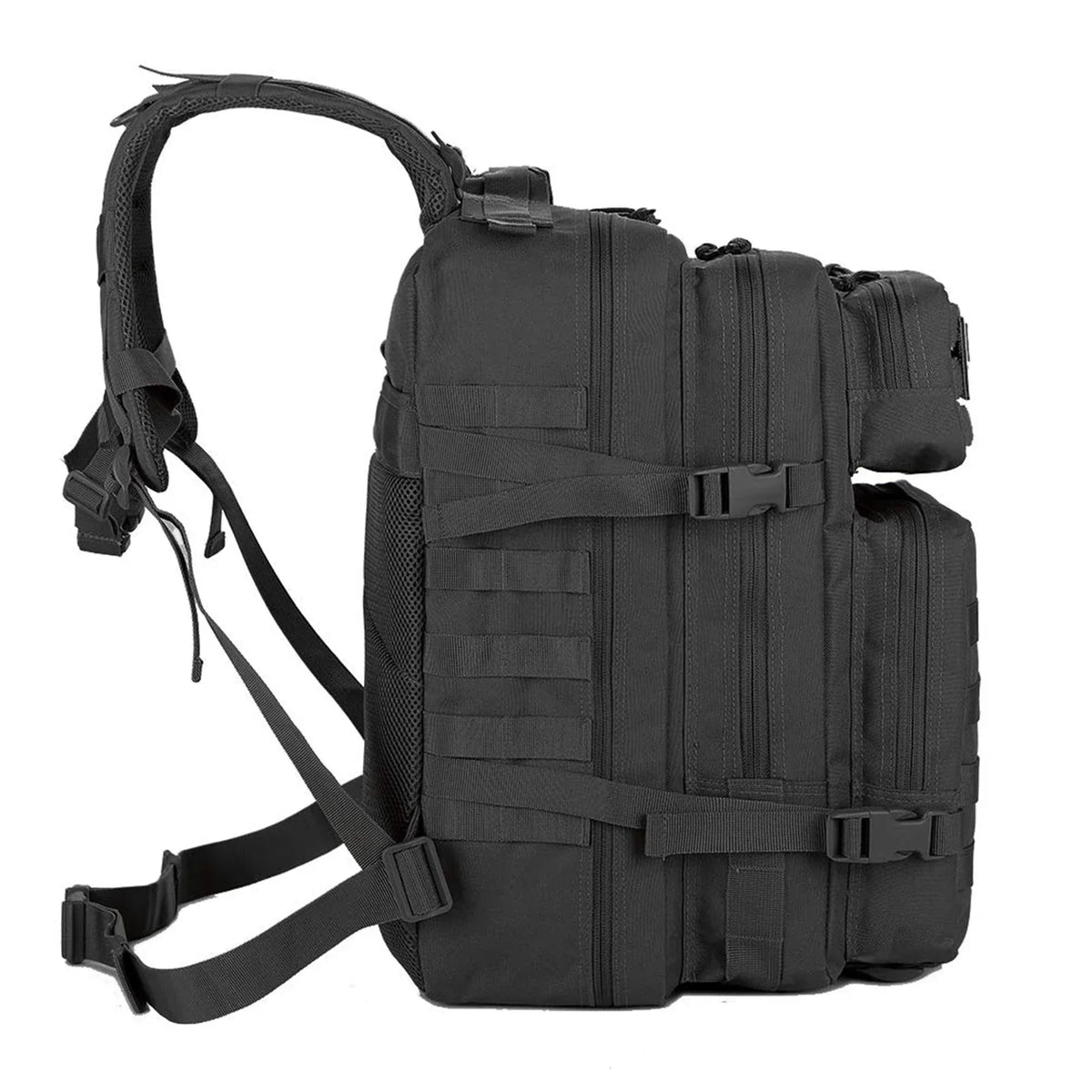Black tactical backpack on a white background