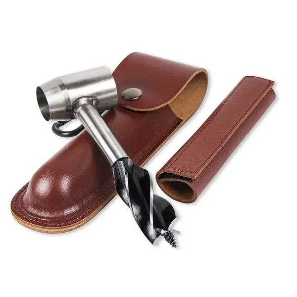 Metal tool with leather case on a white background
