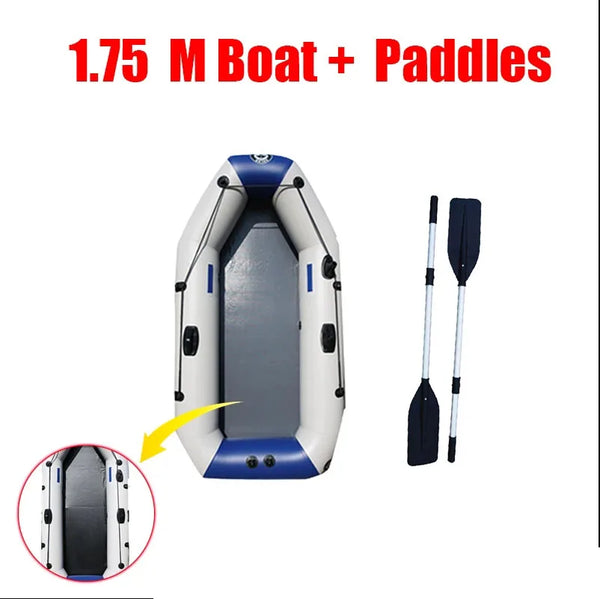 Inflatable boat with two paddles on a white background, featuring text '1.75 M Boat + Paddles'.