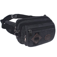 Black waist bag with multiple zippers on a white background